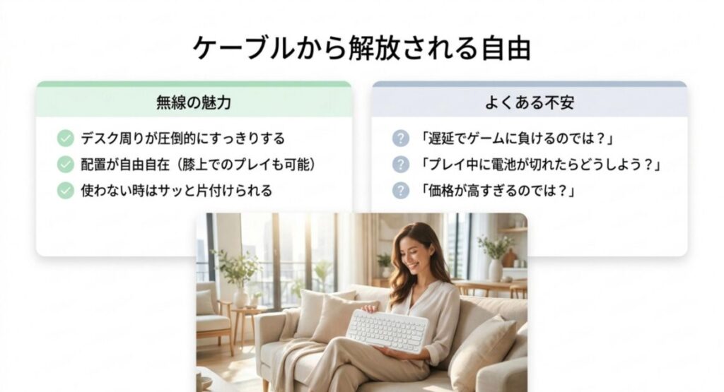 無線ゲーミングキーボードの魅力(デスクすっきり・配置自由)とよくある不安(遅延・電池切れ・価格)を左右に並べて比較した解説図