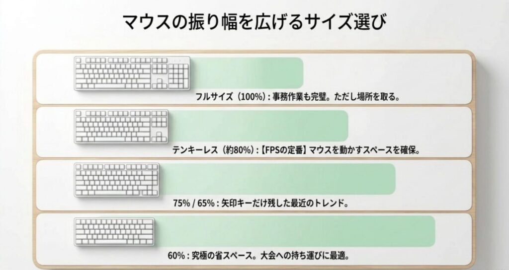フルサイズ・テンキーレス・75%/65%・60%の4種類のキーボードサイズを並べ、マウス可動域や事務作業のしやすさの違いを示した解説図