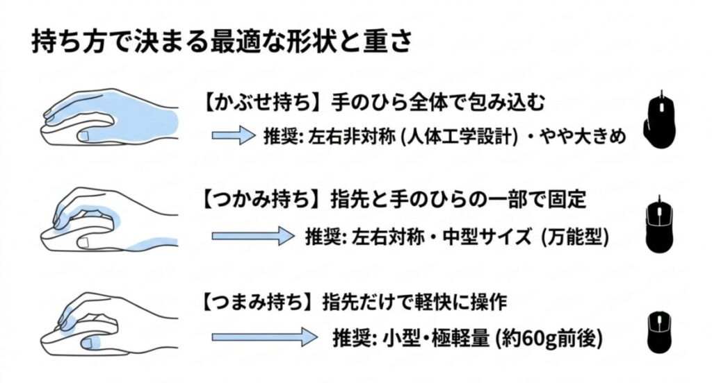 無線ゲーミングマウスのかぶせ持ちつかみ持ちつまみ持ちそれぞれに適した形状と重量の目安を示した解説図