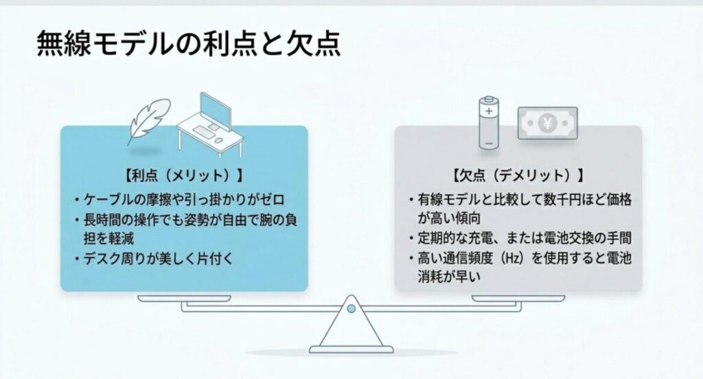 無線ゲーミングマウスのメリットとデメリットを天秤で比較した解説図でケーブル不要の快適さと充電の手間を整理