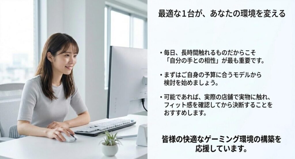 無線ゲーミングマウスの選び方まとめとして自分の手との相性や予算を確認することの重要性を示した記事末尾画像