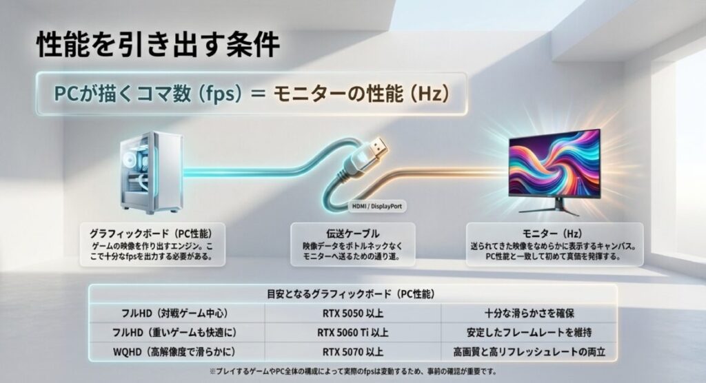 fpsとモニターのHzの関係、グラフィックボード・ケーブル・モニターの役割と、目安となるGPUを示したスライド。