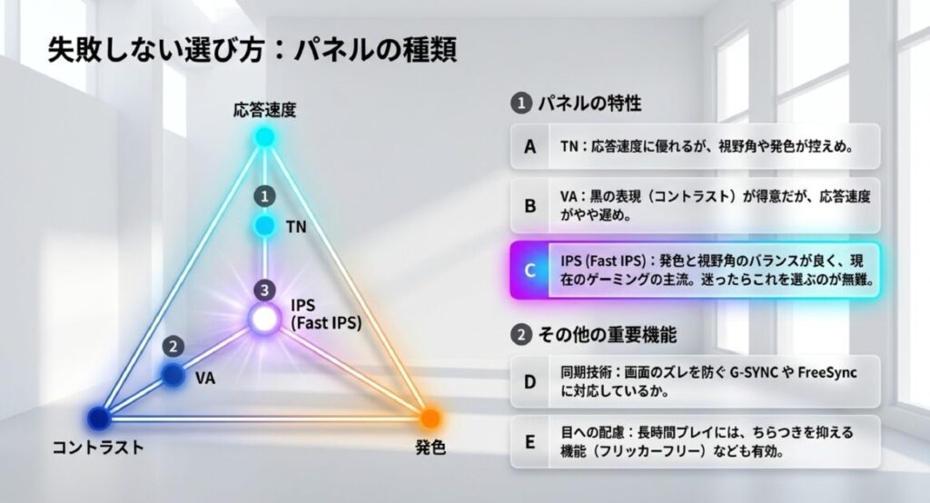 TN・VA・IPS(Fast IPS)などパネルの特性と、同期技術や目への配慮といった選び方のポイントを示したスライド。