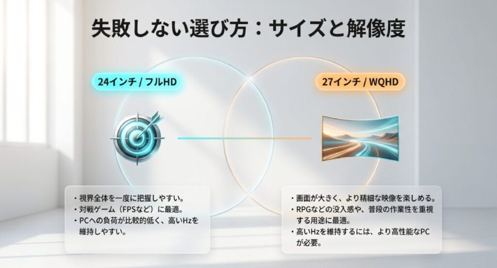24インチ/フルHDと27インチ/WQHDの特徴を比較し、用途に合うサイズと解像度の選び方を示したスライド。