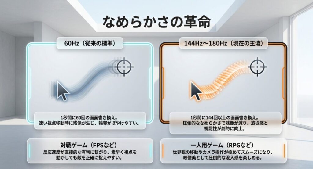 60Hzと144〜180Hzのなめらかさの違いや、対戦ゲーム・一人用ゲームでの向き方を比較したスライド。