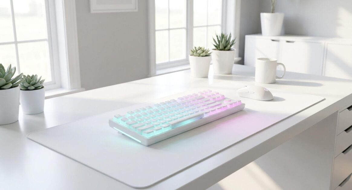 白いデスクにRGBが光る白いゲーミングキーボードとマウスを置いた表紙スライド