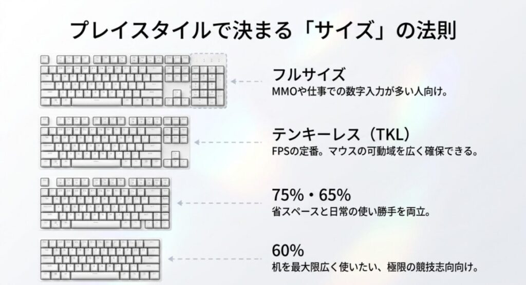 フルサイズ・テンキーレス・75%65%・60%のサイズ別の特徴と向いている人を示すスライド