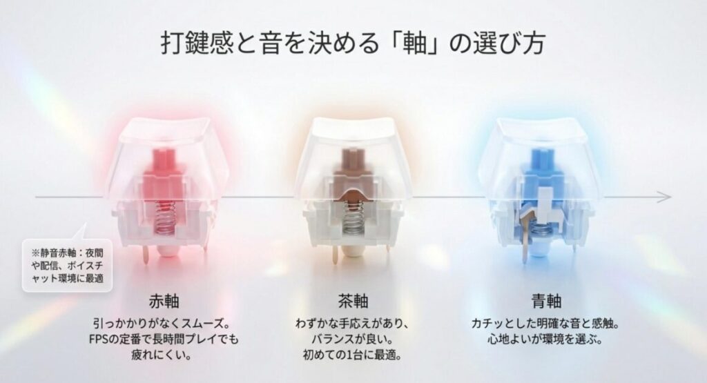 赤軸・茶軸・青軸それぞれの打鍵感と音の違いを比較し、軸の選び方を解説するスライド