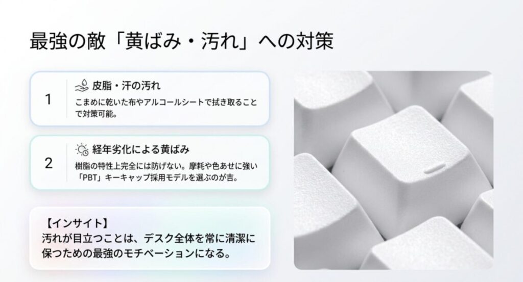 白いキーボードの皮脂汚れと経年の黄ばみへの対策、PBTキーキャップ採用の利点を解説するスライド